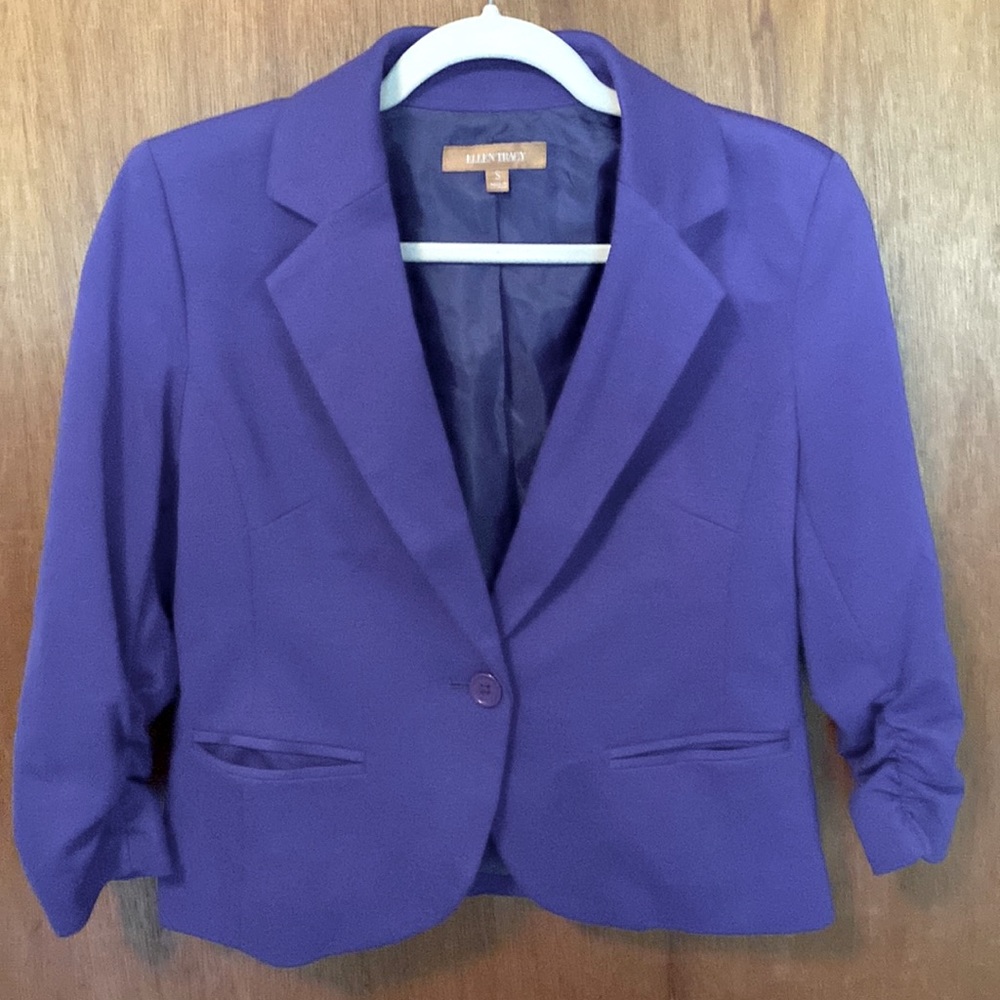 Ellen Tracy small blue blazer 3/4 length ruched sleeves lined like new